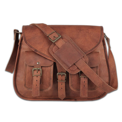 Vintage Distressed Full Grain Leather Multi-Pocket Satchel Crossbody Bag