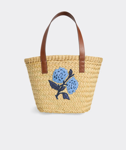Hydrangea Embroidery Natural Reed Grass Summer Straw Beach Tote Bag