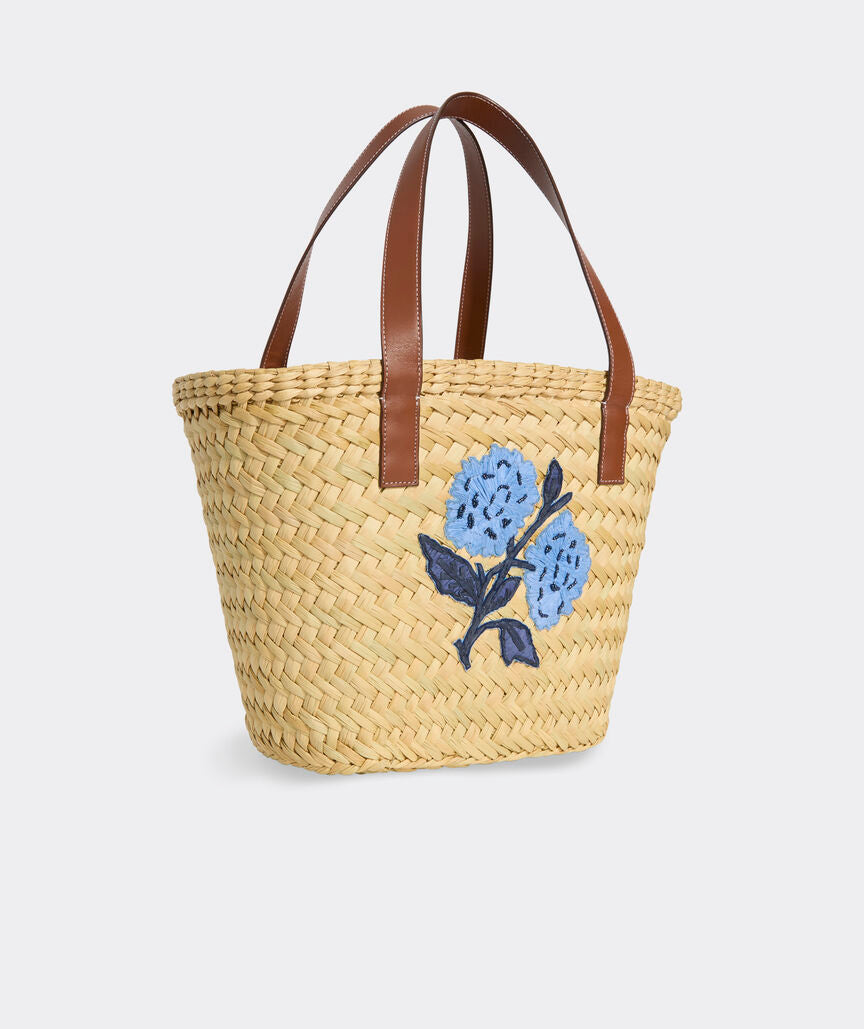 Hydrangea Embroidery Natural Reed Grass Summer Straw Beach Tote Bag