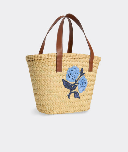 Hydrangea Embroidery Natural Reed Grass Summer Straw Beach Tote Bag