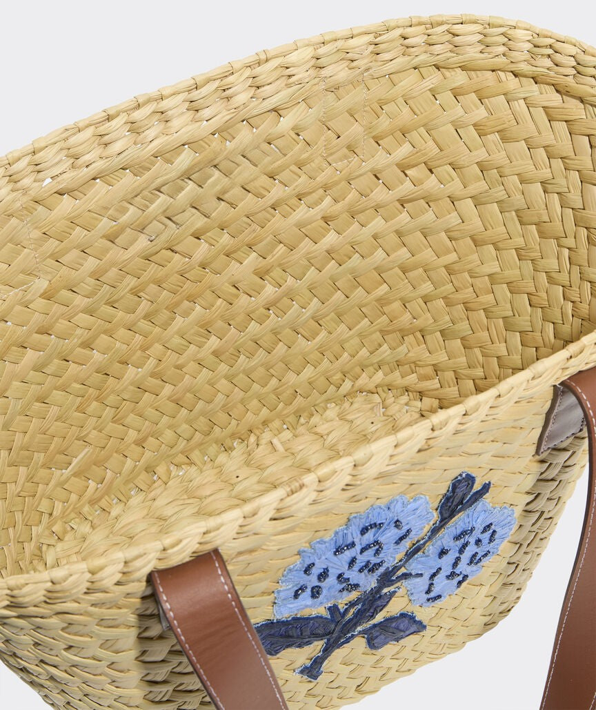 Hydrangea Embroidery Natural Reed Grass Summer Straw Beach Tote Bag