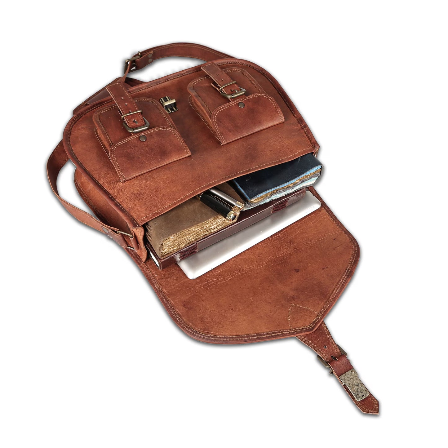 Vintage Distressed Full Grain Leather Multi-Pocket Satchel Crossbody Bag