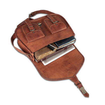 Vintage Distressed Full Grain Leather Multi-Pocket Satchel Crossbody Bag