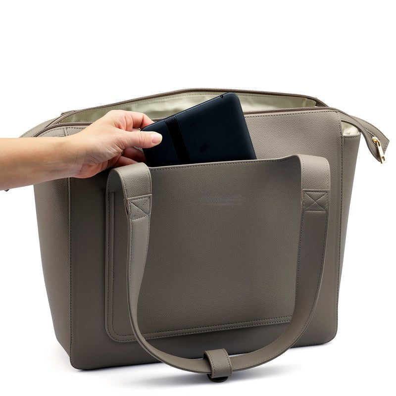 Multi-Pocket Vegan Leather Work Travel Tote Bag With Laptop Sleeve
