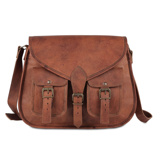 Vintage Distressed Full Grain Leather Multi-Pocket Satchel Crossbody Bag