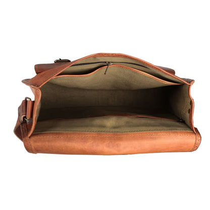 Vintage Distressed Full Grain Leather Multi-Pocket Satchel Crossbody Bag