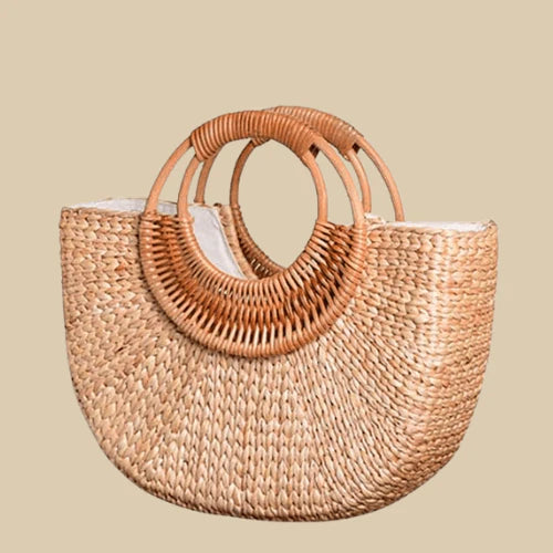 Semicircular Handwoven Rattan Handle Straw Beach Tote Bag
