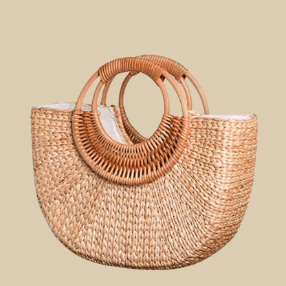 Semicircular Handwoven Rattan Handle Straw Beach Tote Bag