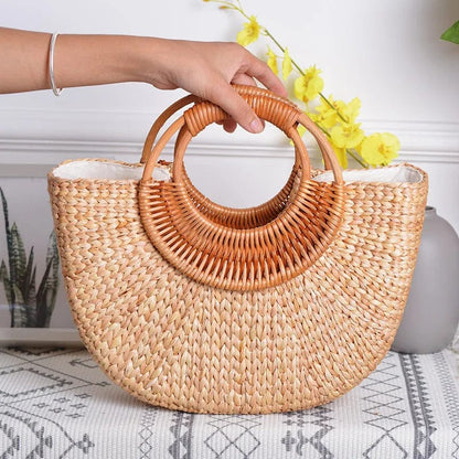 Semicircular Handwoven Rattan Handle Straw Beach Tote Bag