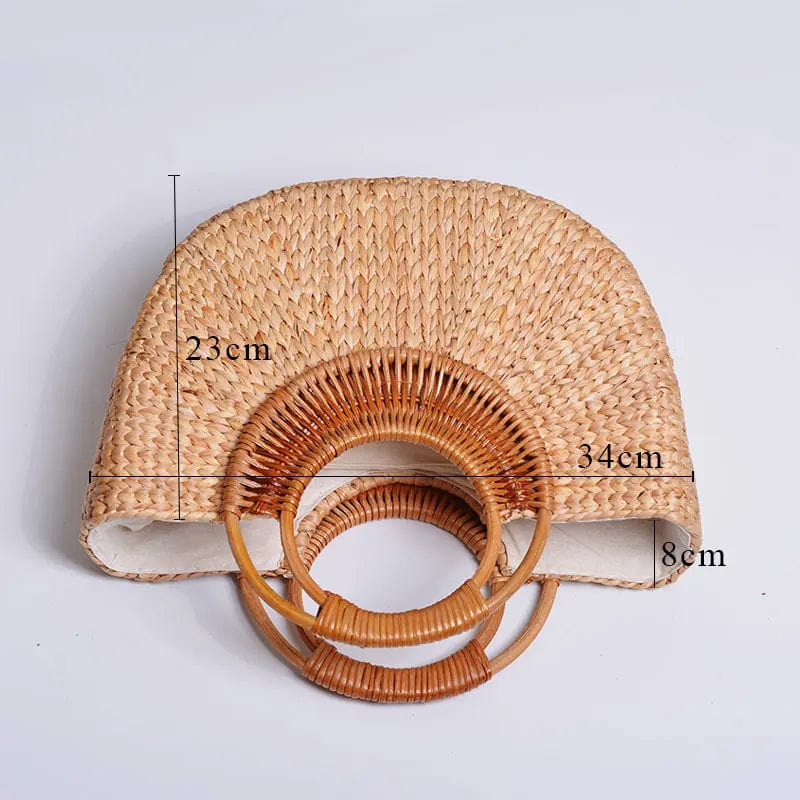 Semicircular Handwoven Rattan Handle Straw Beach Tote Bag