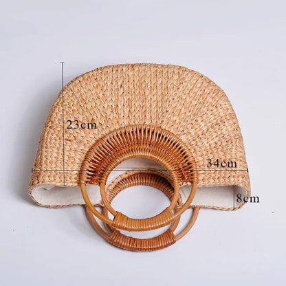 Semicircular Handwoven Rattan Handle Straw Beach Tote Bag