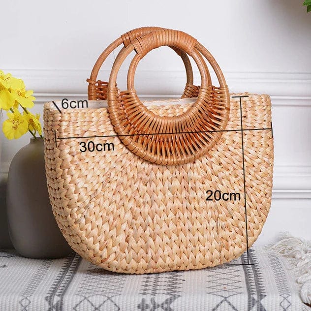 Semicircular Handwoven Rattan Handle Straw Beach Tote Bag