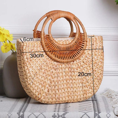 Semicircular Handwoven Rattan Handle Straw Beach Tote Bag